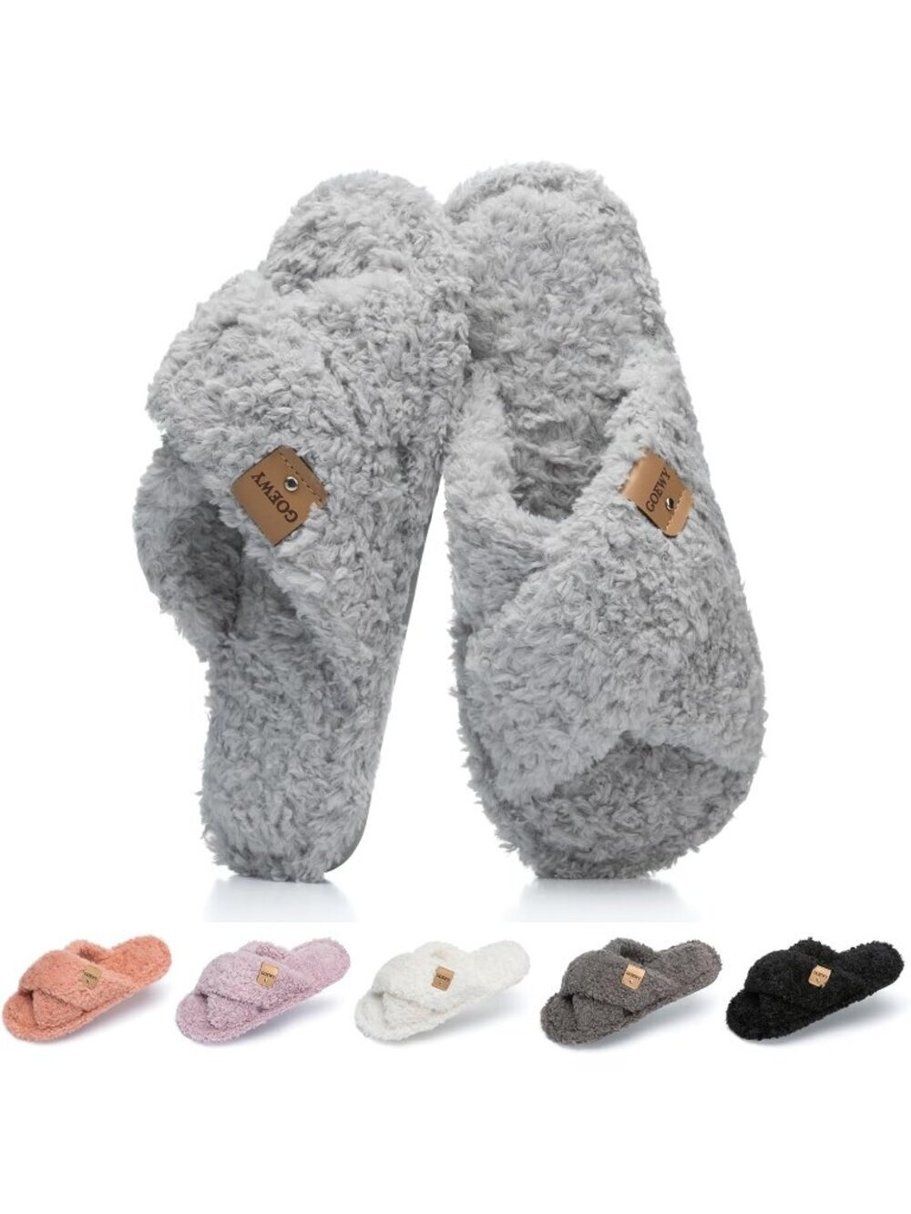 Women's Light Grey Cross Band Indoor and Outdoor Fuzzy Open Toe Slipper Shoes